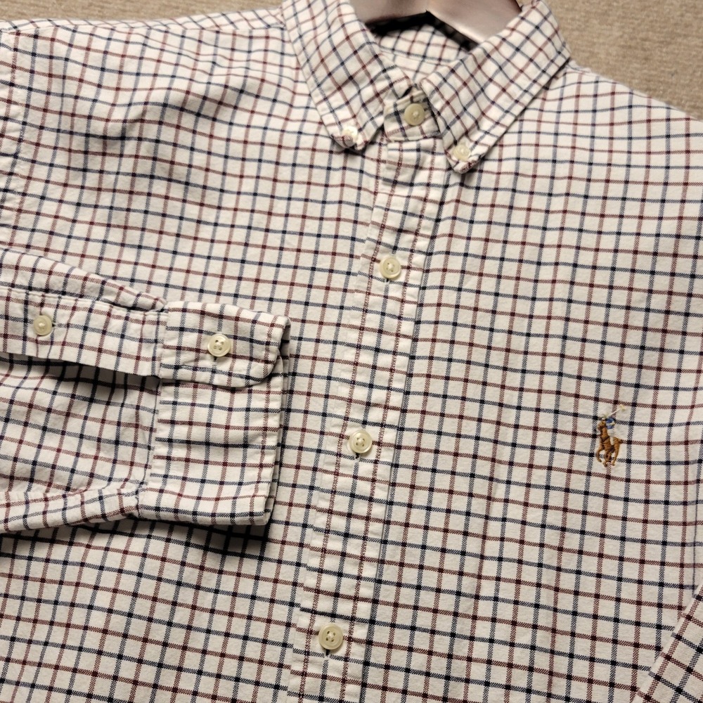 Polo Ralph Lauren Button Down Mens L White Blue Tattersall Slim Fit Long Sleeve